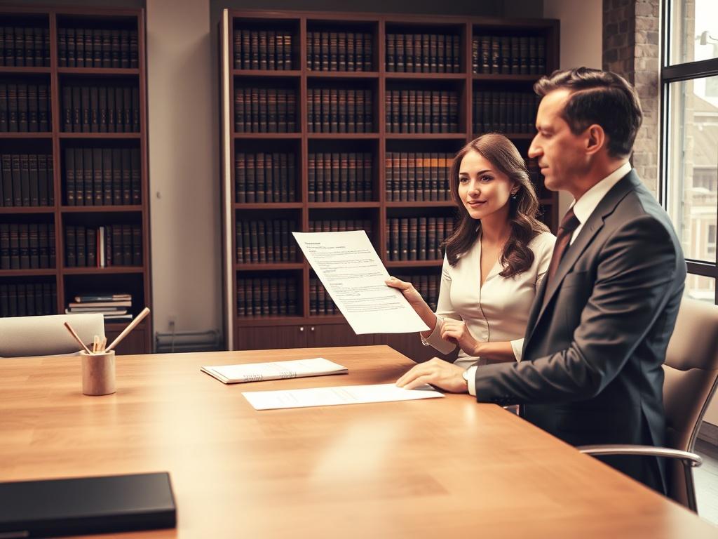 A realistic high-resolution photo of a woman named Tina, elegantly dressed, confidently handing a formal complaint document to a distinguished man in a suit, Dr. Iur. Frei, who represents the financial department of Zurich. The setting is an official office environment with a modern aesthetic, featuring a large desk, a backdrop of bookshelves filled with legal books, and a large window letting in natural light. The focus is on the interaction between Tina and Dr. Frei, capturing the seriousness of the compl