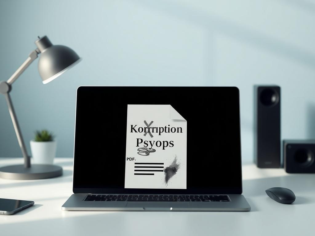 A realistic high-resolution photo showcasing a digital representation of a PDF file titled 'Korruption Psyops'. The PDF should be prominently displayed on a clean, minimalist desk with a soft-focus background featuring subtle blue tones. The lighting is bright and natural, highlighting the details of the PDF cover, which includes abstract elements symbolizing corruption and psychological operations. The overall composition should be simple and clear, emphasizing the importance of the document.
