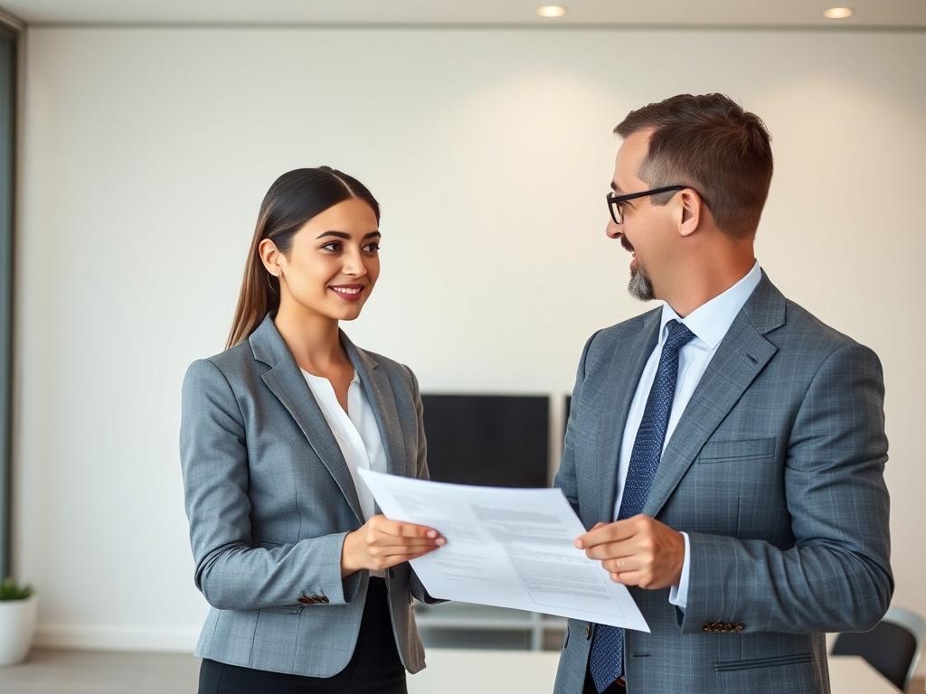 A realistic high-resolution photo depicting a young, attractive European woman named Tina, confidently presenting a legal document to a distinguished man, Dr. iur. Frei, who represents the finance department. The setting should be a modern office space with clean lines and minimalistic decor, focusing on the interaction between the two individuals. Tina should look professional and engaged, conveying a sense of importance in the handover of the legal document.