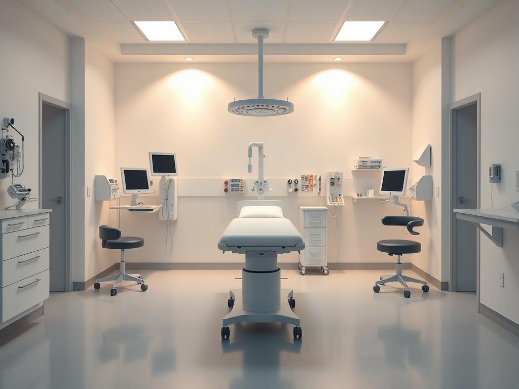 A realistic high-resolution photo depicting a medical treatment room, focusing on a single medical examination table in the center. The room should have minimalistic decor with clean lines, soft lighting, and a calming color palette. The background should feature medical equipment neatly organized, but not cluttered, conveying a sense of professionalism and safety. The overall atmosphere should evoke a feeling of trust and care, emphasizing the importance of ethical medical practices.