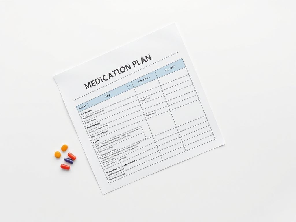 A realistic high-resolution photo of a neatly organized medication plan PDF document laid flat on a clean, white surface. The document should have clear headings and sections, with a few colorful pills scattered around it to represent medication. The background should be minimalistic, emphasizing the document and pills without distractions.
