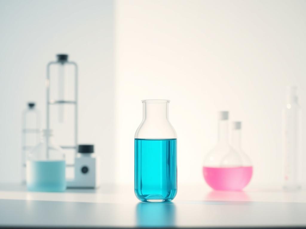 A high-resolution image depicting a single, elegant laboratory setting focused on cancer treatment research. The subject is a clear glass beaker filled with a bright, vibrant blue liquid, symbolizing innovation and hope in cancer treatment. The background features minimalist laboratory equipment with clean lines, negative space, and simple colors. Soft natural light illuminates the scene, conveying a sense of calm and professionalism.