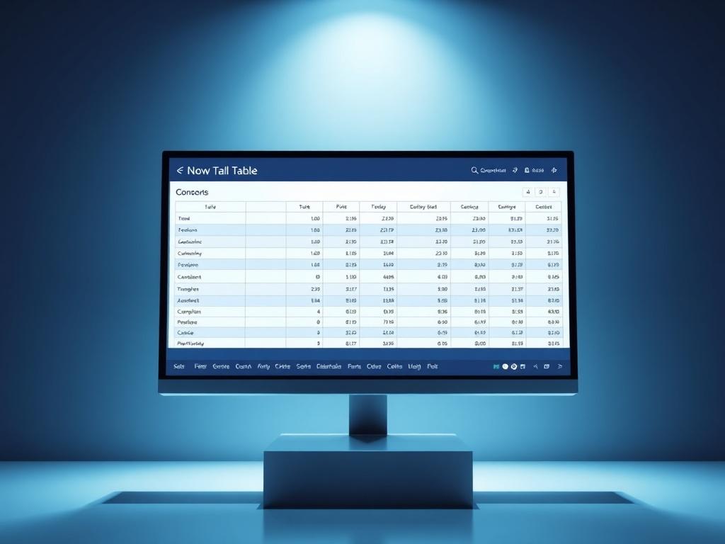 A minimalist and futuristic design featuring a clean, sleek table layout displayed on a digital screen. The background should be simple and elegant, with soft lighting to emphasize the table. The table should contain clearly defined rows and columns, showcasing data in an organized manner. The overall color scheme should include shades of blue, aligning with the primary color rgb(3, 125, 201), and the design should reflect a modern, technological aesthetic.
