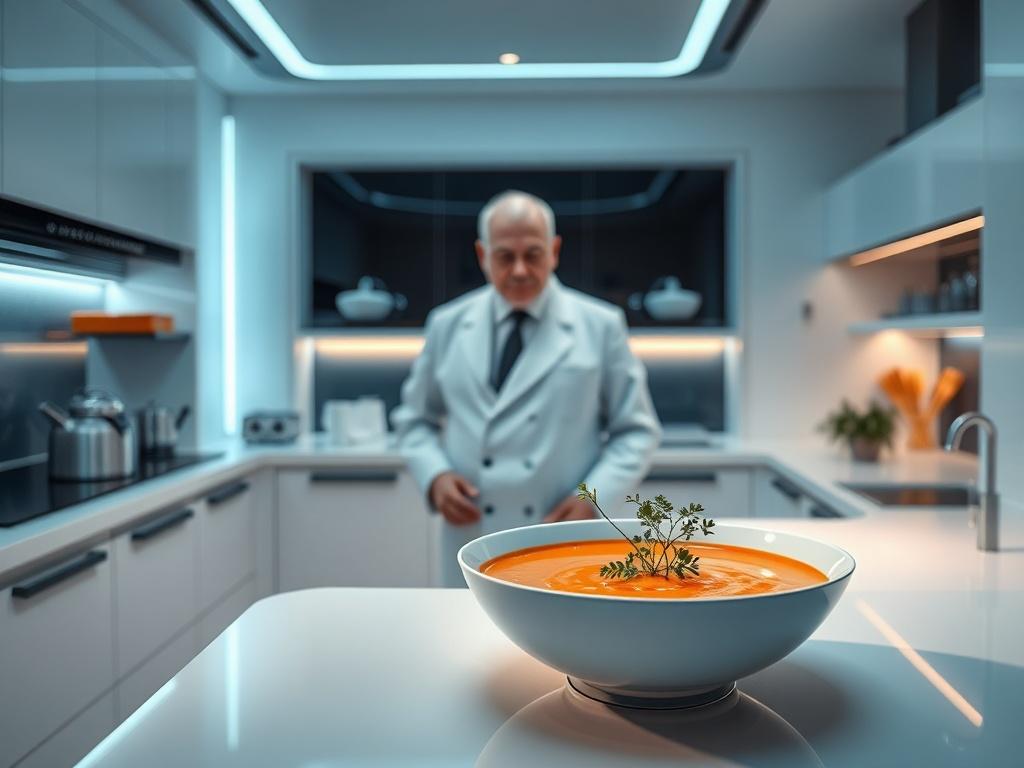 A realistic high-resolution photo of a futuristic elegant setting featuring a distinguished figure, Prof Moro, in a sleek, modern kitchen. The kitchen has clean lines, minimalistic design, and is adorned with high-tech cooking gadgets. On the counter, a vibrant bowl of carrot soup garnished with fresh herbs is prominently displayed. The background showcases subtle shades of blue, reflecting the primary color rgb(3, 125, 201), with soft lighting that creates a warm ambiance. The overall composition is clean 