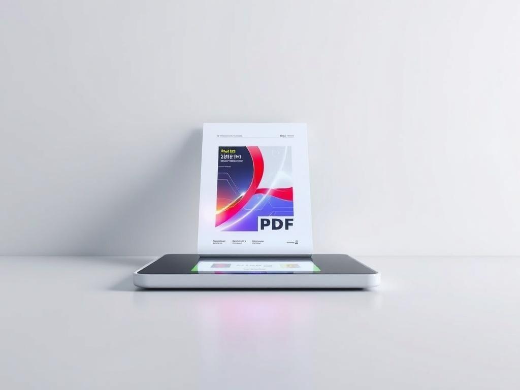 A futuristic PDF document displayed on a sleek digital tablet. The tablet is set against a minimalistic background with clean lines and soft lighting, emphasizing the advanced technology of the document. The PDF showcases vibrant graphics and cutting-edge design elements, symbolizing innovation in digital communication. The scene conveys a sense of modernity and sophistication, capturing the essence of futuristic concepts.