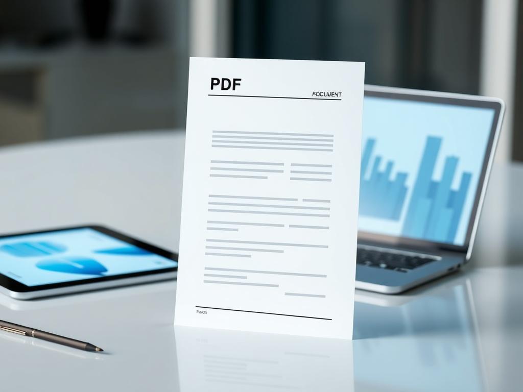 A futuristic PDF document design, showcasing an innovative layout with clean lines and minimalistic features. The document is displayed on a sleek, modern workspace with a digital tablet and a laptop in the background. The colors are simple and focus on shades of blue, emphasizing a high-tech and organized appearance. The overall composition is balanced, with ample negative space to highlight the futuristic PDF design.