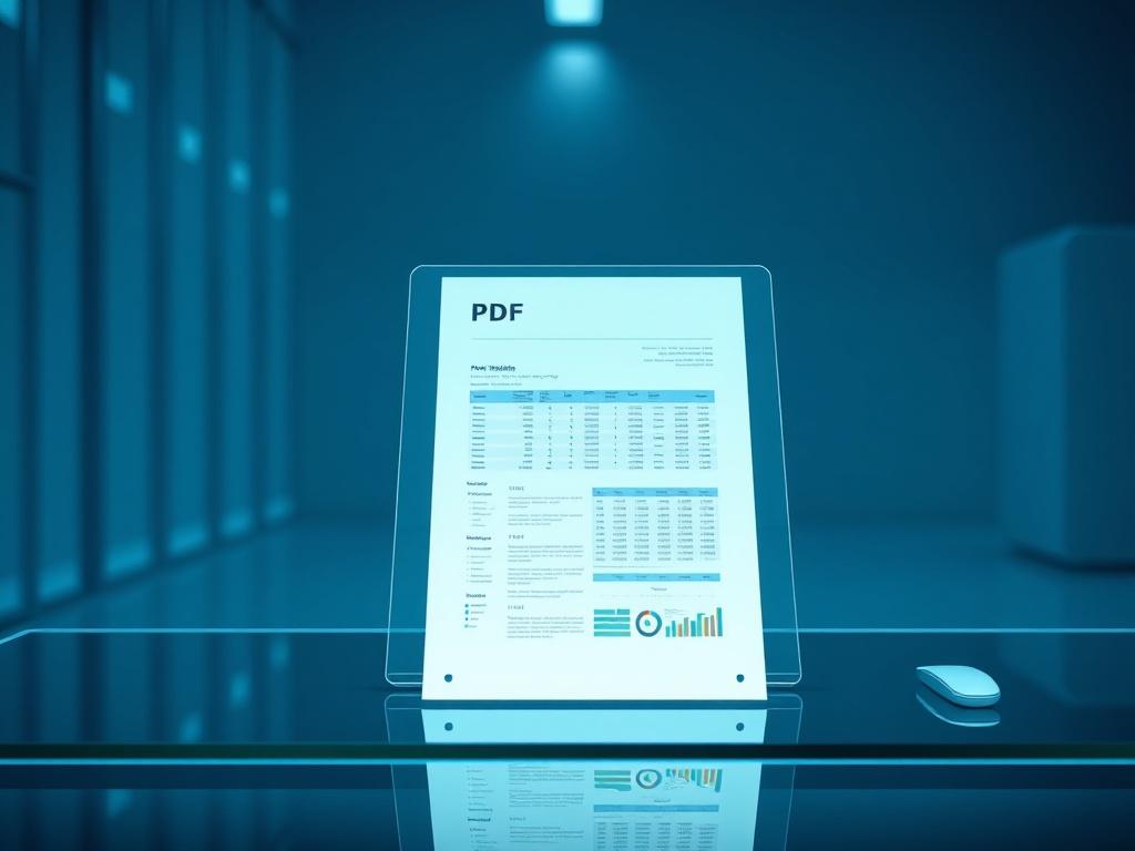 A futuristic, high-resolution PDF document displayed on a sleek, modern desk. The document features a clean, minimalistic layout with tables and data visualizations. The background is softly blurred to emphasize the document. The desk is made of glass and metal, reflecting a contemporary workspace aesthetic. The color scheme includes shades of blue, aligning with the primary color rgb(3, 125, 201). The overall composition is organized and professional, showcasing the document as the central focus.