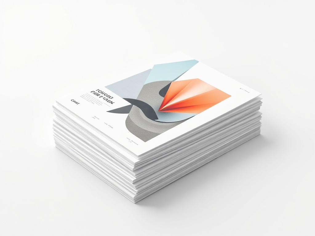 A high-resolution photo of a futuristic paper collection, showcasing sleek, modern designs and innovative concepts. The composition should feature a single stack of neatly arranged papers with abstract, visually striking graphics and layouts. The background should be minimalistic, with a clean, white surface to emphasize the papers, incorporating the rgb(3, 125, 201) primary color subtly in the design elements.