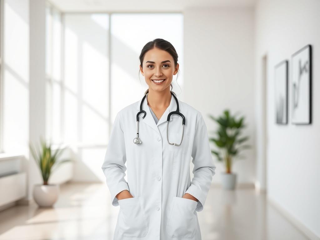 A young, attractive female doctor standing confidently in a modern, minimalistic medical office. She wears a white lab coat and has a stethoscope around her neck. The background features clean lines and soft colors, emphasizing a sense of calm and professionalism. Natural light filters through large windows, casting gentle shadows. The overall atmosphere is one of warmth and approachability, inviting trust and connection.