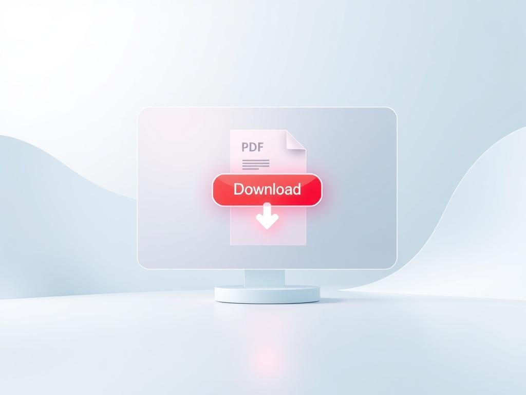 A futuristic scene depicting a sleek and minimalistic digital interface displaying a PDF document ready for download. The interface features a prominent download button, glowing in the primary color of rgb(3, 125, 201). The background is a soft gradient of blue and white, with abstract shapes subtly incorporated to enhance the modern aesthetic. The overall composition should convey a sense of innovation and accessibility.