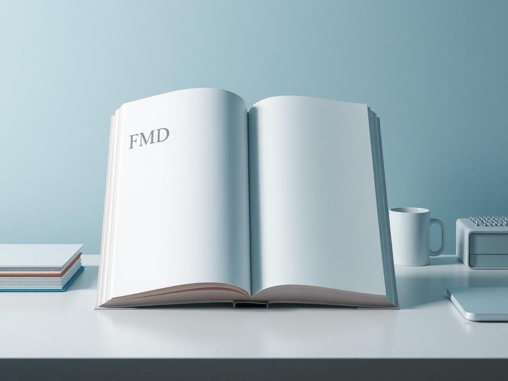 A minimalistic high-resolution photo of an open document displaying the cover page of an FMD (Frequency Modulation Distortion) PDF. The document is placed on a clean, simple desk with a soft focus background, emphasizing clarity and organization. The colors should reflect a calming palette with shades of blue, harmonizing with the primary color rgb(3, 125, 201). The composition should highlight the document as the sole subject, with ample negative space for a clean look.