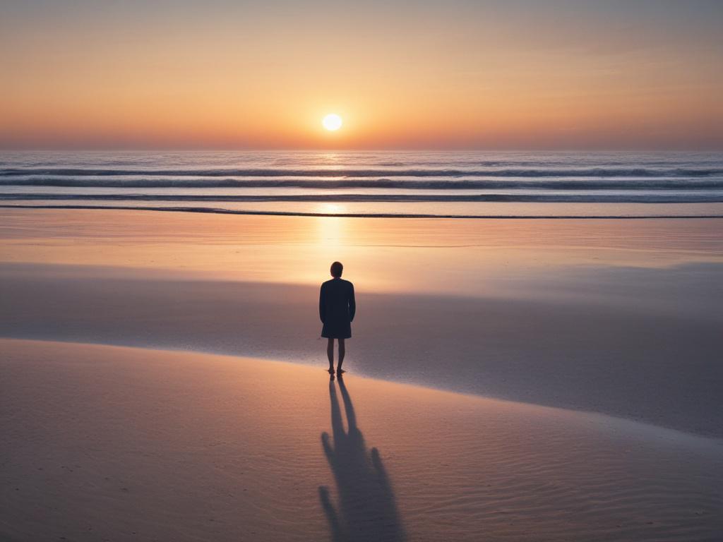 Create a serene, high-resolution photo of a single human figure, standing on a tranquil beach at sunrise. The figure gazes thoughtfully at the horizon, embodying a sense of exploration and connection with nature. The sky transitions from soft blues to warm oranges, reflecting a new dawn. The beach is calm, with gentle waves lapping at the shore, and the overall atmosphere evokes clarity and thoughtful exploration, harmonizing with the color rgb(3, 125, 201).