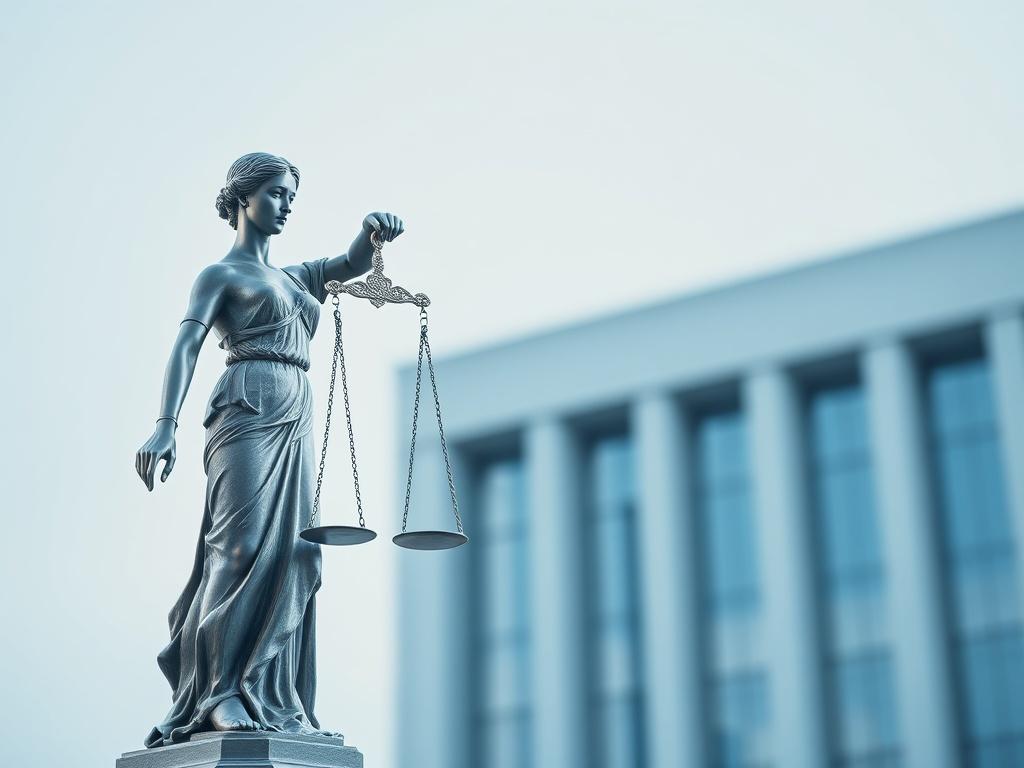 A realistic high-resolution photo showcasing a symbolic representation of justice and finance, featuring the iconic Justitia statue holding scales in one hand and a modern financial building in the background. The composition should be minimalistic, focusing on clean lines and negative space, with a soothing blue color palette that resonates with the theme of balance and integrity in finance.