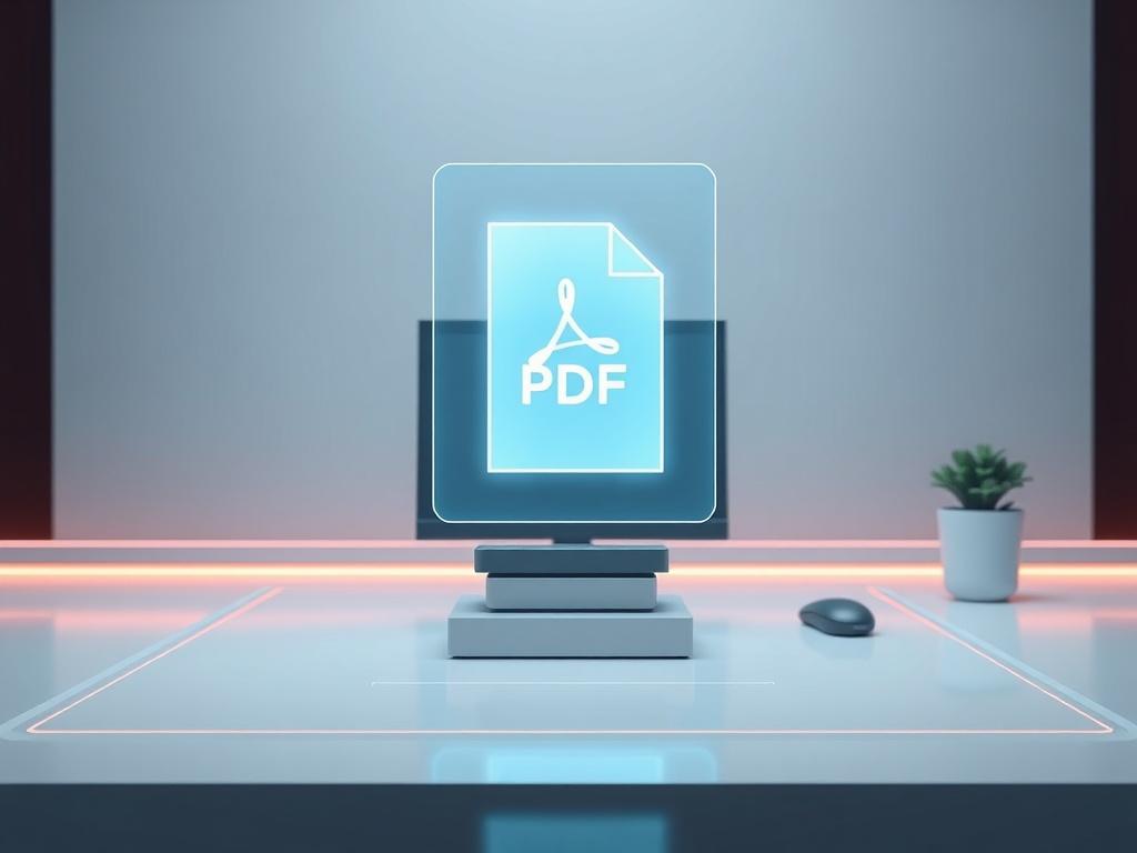 A realistic high-resolution photo of a futuristic digital interface displaying a holographic PDF document. The background features a sleek, minimalistic workspace with clean lines and simple colors, emphasizing technology and innovation. The holographic PDF is prominently displayed in the foreground, showcasing an intricate design that suggests advanced technology and digital accessibility. The overall composition is clear and focused, with the RGB color 3, 125, 201 subtly integrated into the workspace elem