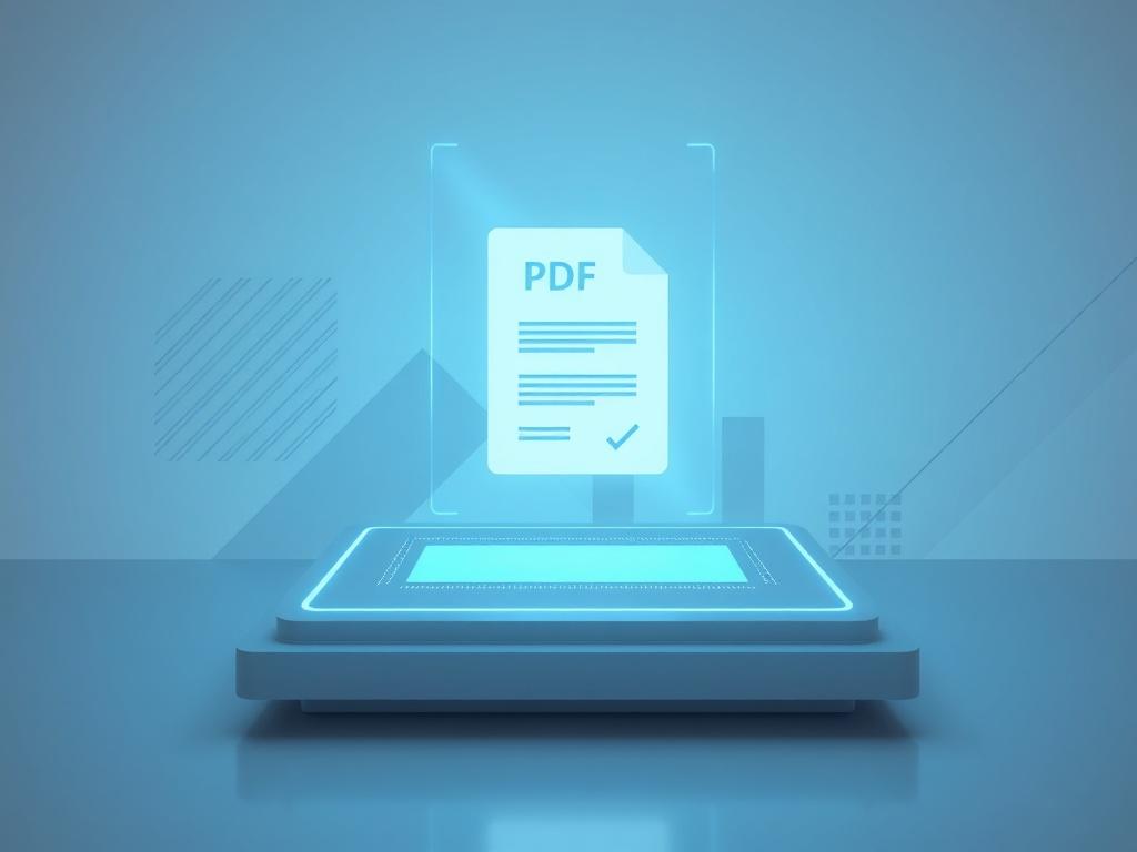 A futuristic scene showcasing a sleek, minimalistic digital interface displaying a holographic PDF document. The interface is surrounded by soft blue lighting, emphasizing a clean and modern aesthetic. The background features abstract geometric shapes and patterns in subtle tones, enhancing the tech-forward atmosphere. The focus is on the PDF document, which appears to be floating above the interface, inviting interaction.