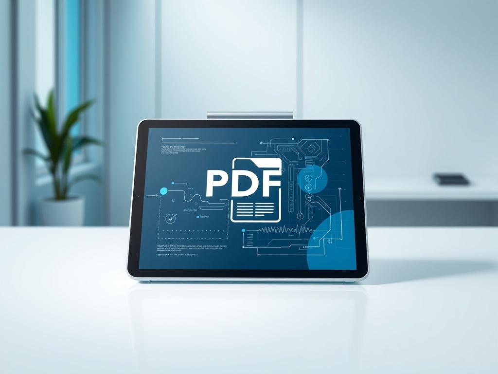 A futuristic PDF download interface displayed on a sleek, modern tablet. The tablet is positioned on a clean, minimalistic desk with a light blue accent color. The background is softly blurred, featuring hints of a contemporary medical office with clean lines and simple colors. The focus is on the tablet screen, showcasing an engaging PDF design with abstract graphics that represent medical data and technology. The overall composition is minimal, emphasizing the connection between advanced technology and he