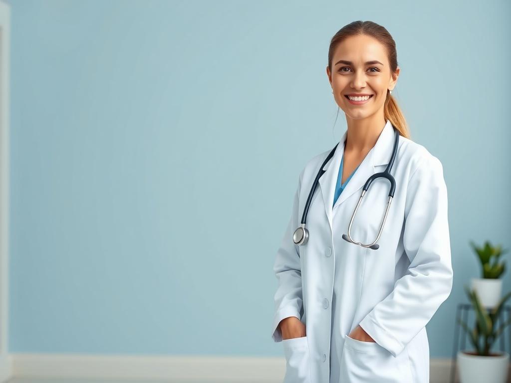 A young, attractive female medical doctor standing confidently in a modern, minimalist clinic. She has a warm smile and is dressed in a crisp white lab coat with a stethoscope around her neck. The background features soft blue tones that complement the primary color rgb(3, 125, 201). The setting is clean and organized with subtle elements of nature, such as small potted plants, to create a calming atmosphere. The doctor exudes a sense of professionalism and approachability, inviting viewers to engage with h