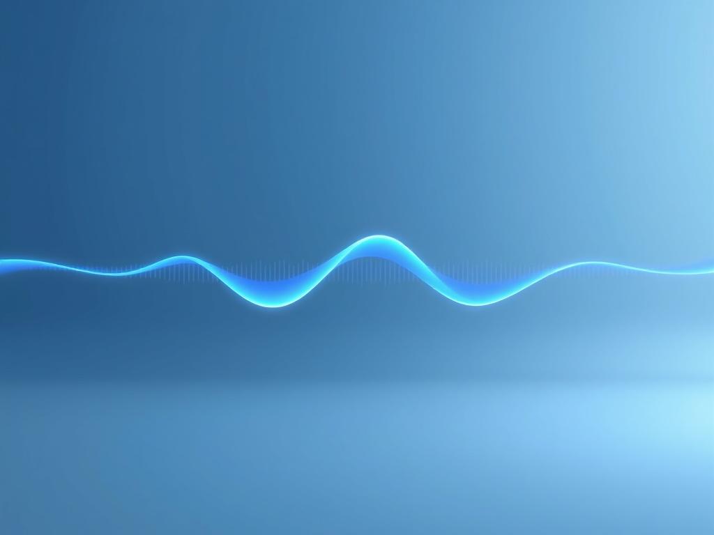 Create a realistic high-resolution photo of a futuristic sound wave visualization that represents healing frequencies. The image should depict a smooth sinusoidal wave, flowing elegantly across the canvas. The background should be minimalistic with soft gradients in shades of blue to reflect tranquility, while the wave itself should have a glowing effect in a brighter blue (rgb(3, 125, 201)). The overall composition should feel serene and uplifting, highlighting the concept of healing through sound.