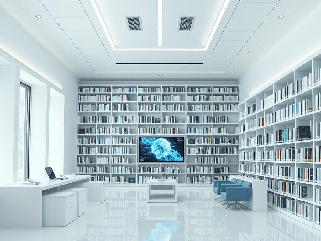 A futuristic modern minimalistic library setting, featuring sleek lines, open space, and a high-tech aesthetic. The library contains digital screens showcasing AI-generated content and books on the multidimensional manipulation of consciousness. The environment is bright and inviting, with a focus on advanced technology and serene design elements. The overall color palette is clean and soothing, emphasizing white, blue, and subtle gray tones.