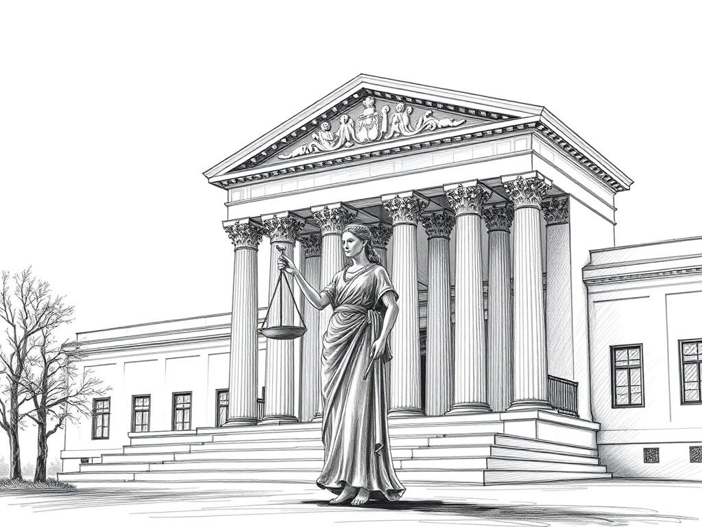 A high-quality illustration of a symbolic representation of justice and governance in a fine-detailed black and white pencil sketch style. The composition should feature a solitary figure holding a scale, symbolizing balance and fairness, standing in front of a classical government building. The background should be simple, with soft shading to emphasize the figure and the building, while maintaining a clean and clear presentation. The color scheme should include elements compatible with rgb(3, 125, 201).