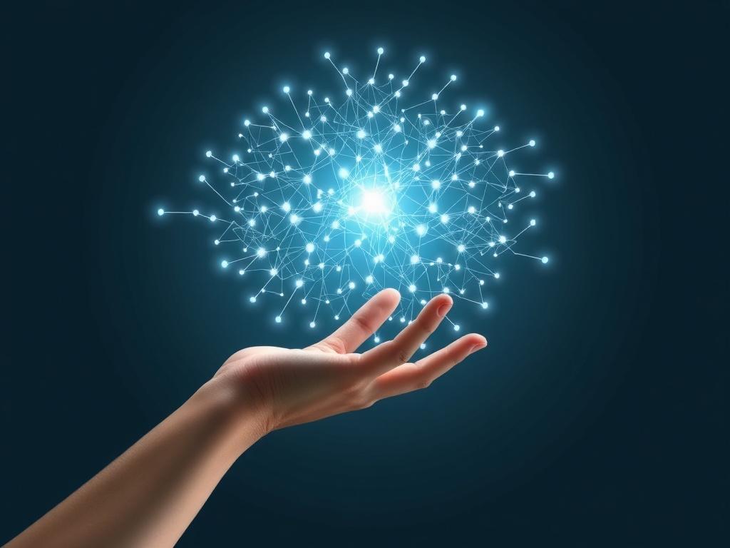 A realistic high-resolution photo of a human hand reaching out towards a holographic representation of a complex neural network, symbolizing the connection between human intelligence and artificial intelligence. The background should be minimalistic with clean lines and negative space, utilizing simple colors that complement the primary color rgb(3, 125, 201). The focus should be on the hand and the holographic network, illustrating the theme of orchestrating intelligence behind the control matrix.