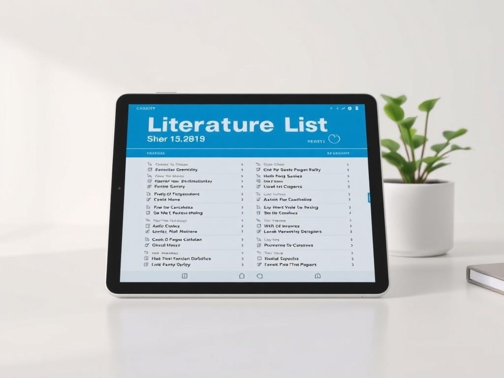 A realistic high-resolution photo of a futuristic literature list in PDF format displayed on a sleek, modern tablet. The tablet is placed on a clean, minimalistic desk with soft lighting highlighting the screen. The background is simple, featuring a light-colored wall and a potted plant to add a touch of nature. The focus is on the tablet, showcasing the organized and visually appealing layout of the literature list.