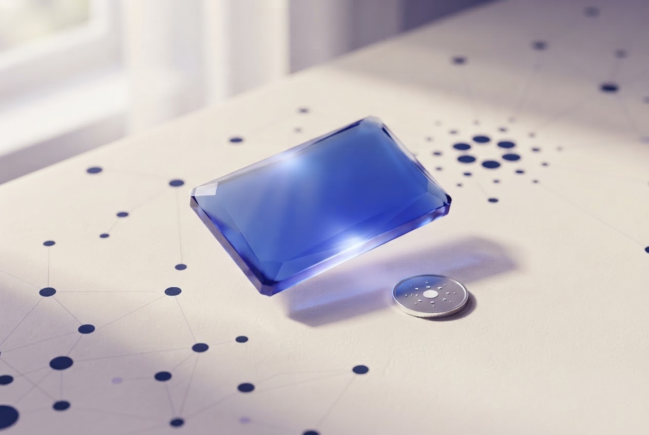 A translucent blue wallet card and silver token floating above a softly lit desktop