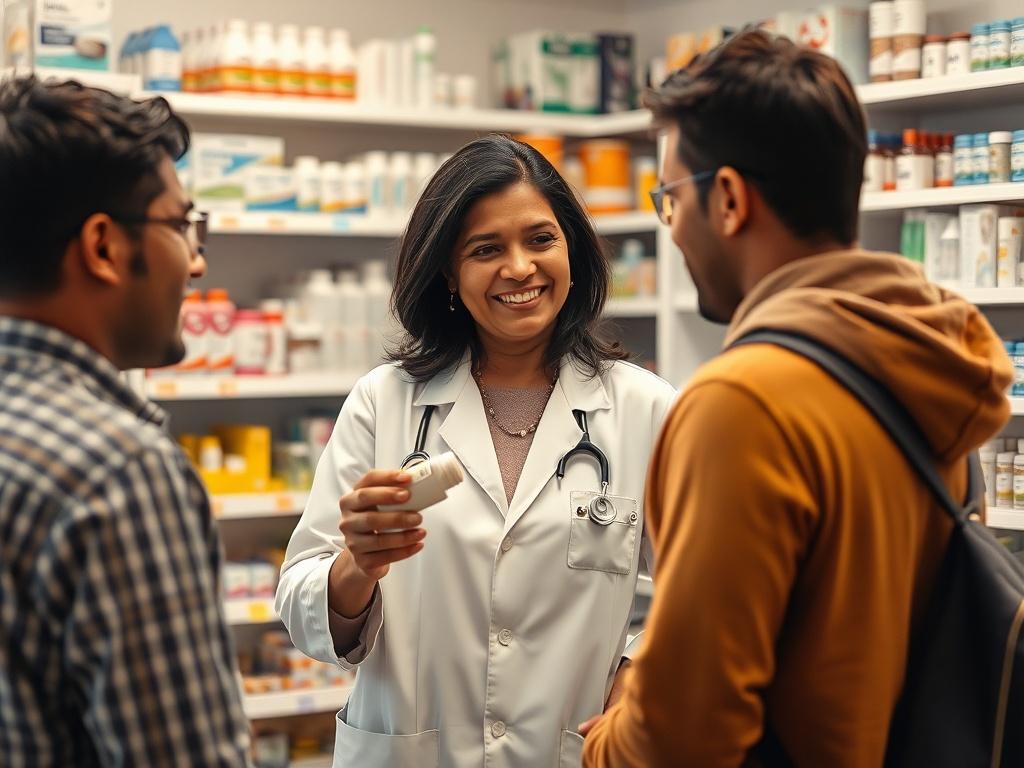 A hyper realistic close up shot of a pharmacist assisting