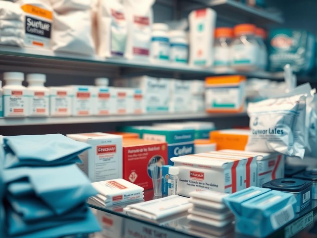 A close up shot of various surgical products displayed on