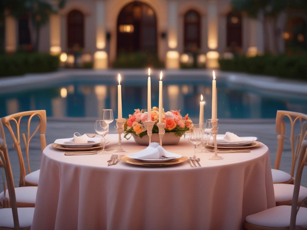 A romantic candle light dinner setup by a beautiful pool. The table is elegantly set with flickering candles, soft pastel tablecloth, and fine dining cutlery. In the background, the pool reflects the soft glow of the candles and ambient lighting, creating a serene and intimate atmosphere. The setting is adorned with lush greenery and delicate flowers, enhancing the romantic vibe. The overall color palette should include soft pastels and vibrant accents, with a focus on the warmth of the candlelight.