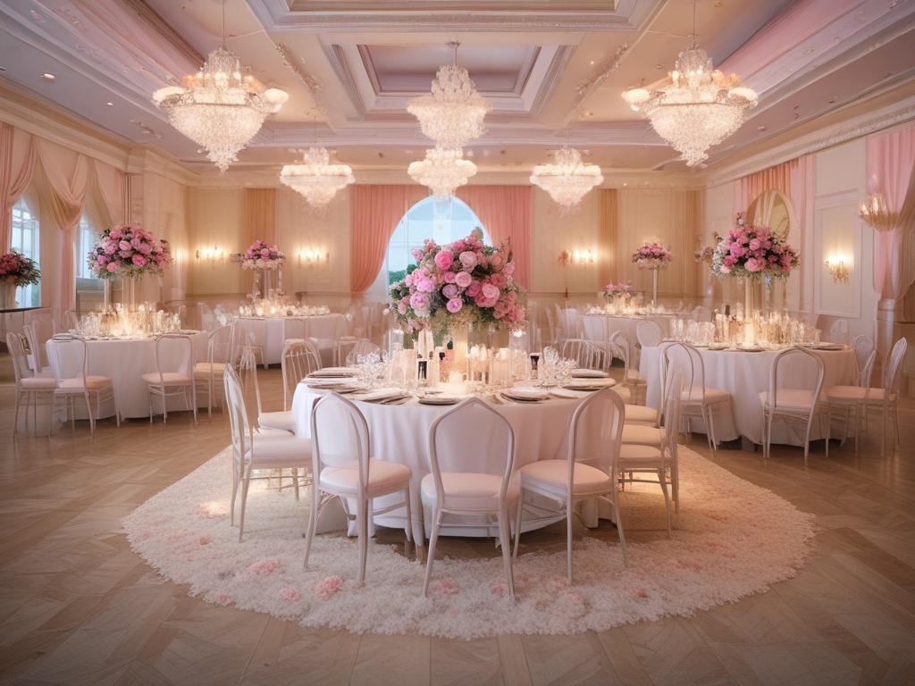 A beautifully decorated event space showcasing an elegant wedding setup