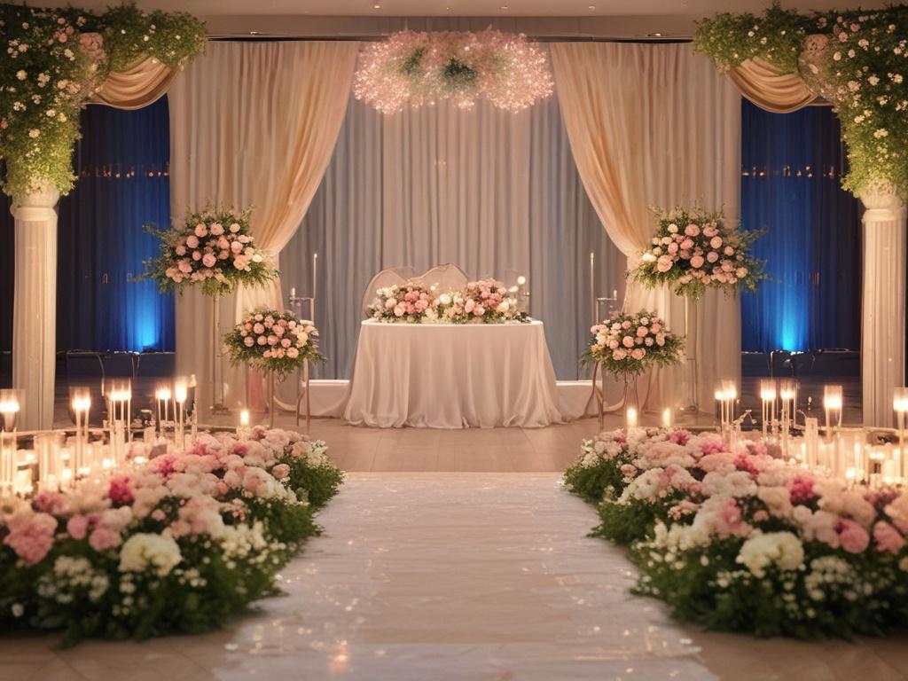 An enchanting wedding ceremony setup featuring a beautifully decorated altar