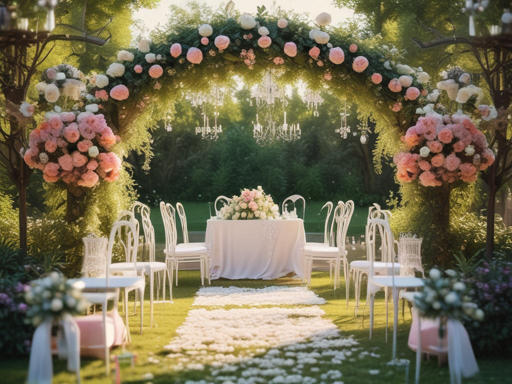 A beautifully arranged outdoor wedding setup in a lush garden. The scene features elegant white chairs with soft pastel floral arrangements, a stunning arch adorned with vibrant flowers, and twinkling fairy lights hanging overhead. The background showcases a serene landscape with greenery and blooming flowers, creating a romantic and joyful atmosphere. The lighting is soft, enhancing the colors of the flowers and the overall elegance of the setting.