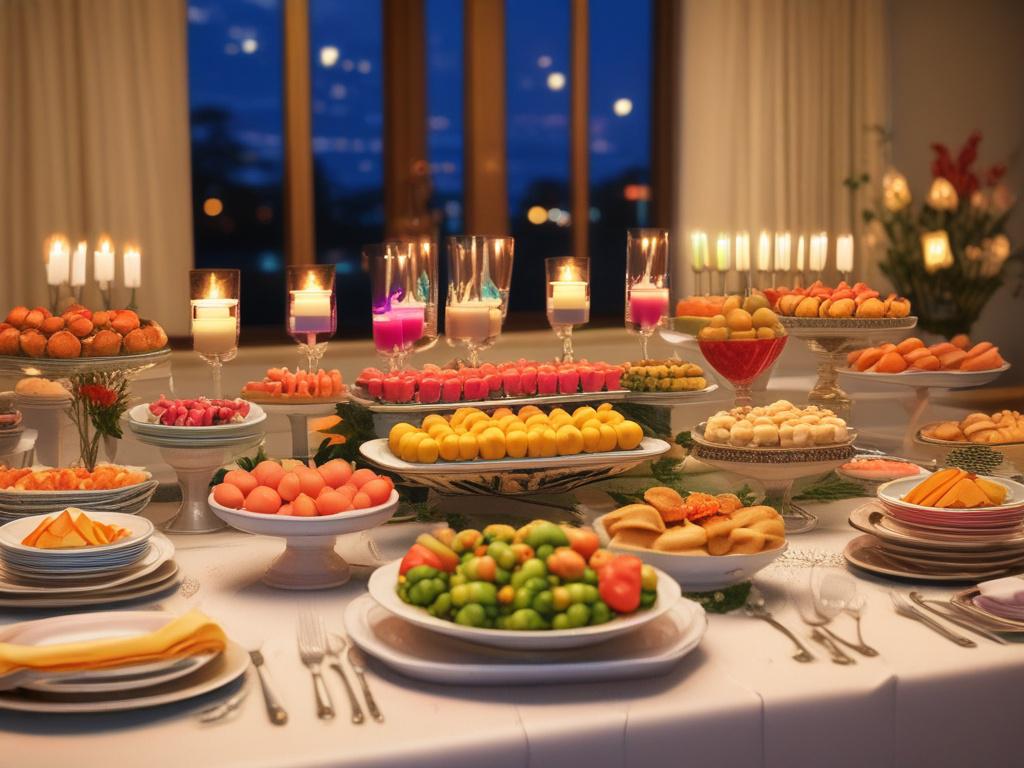 A beautifully arranged buffet table featuring an array of colorful dishes, including a mix of vegetarian and non-vegetarian options. The table is adorned with elegant tableware and soft lighting, creating a warm and inviting atmosphere. In the background, there are subtle hints of event decorations that reflect a festive theme, with soft pastels and vibrant accents. The setting is lively, showcasing guests enjoying the delicious food in a joyful moment.