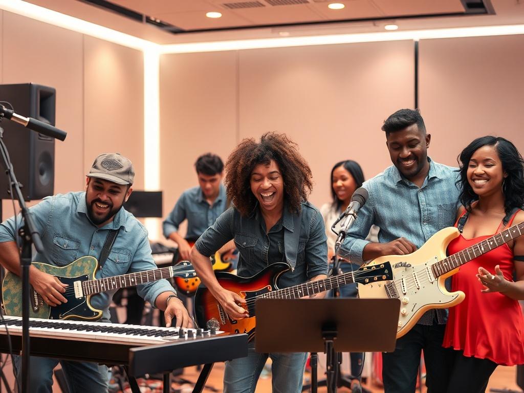A vibrant, photorealistic image of a diverse group of musicians
