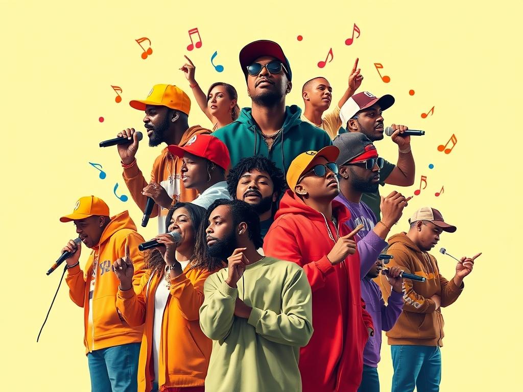 A vibrant compilation album cover featuring a collage of artists