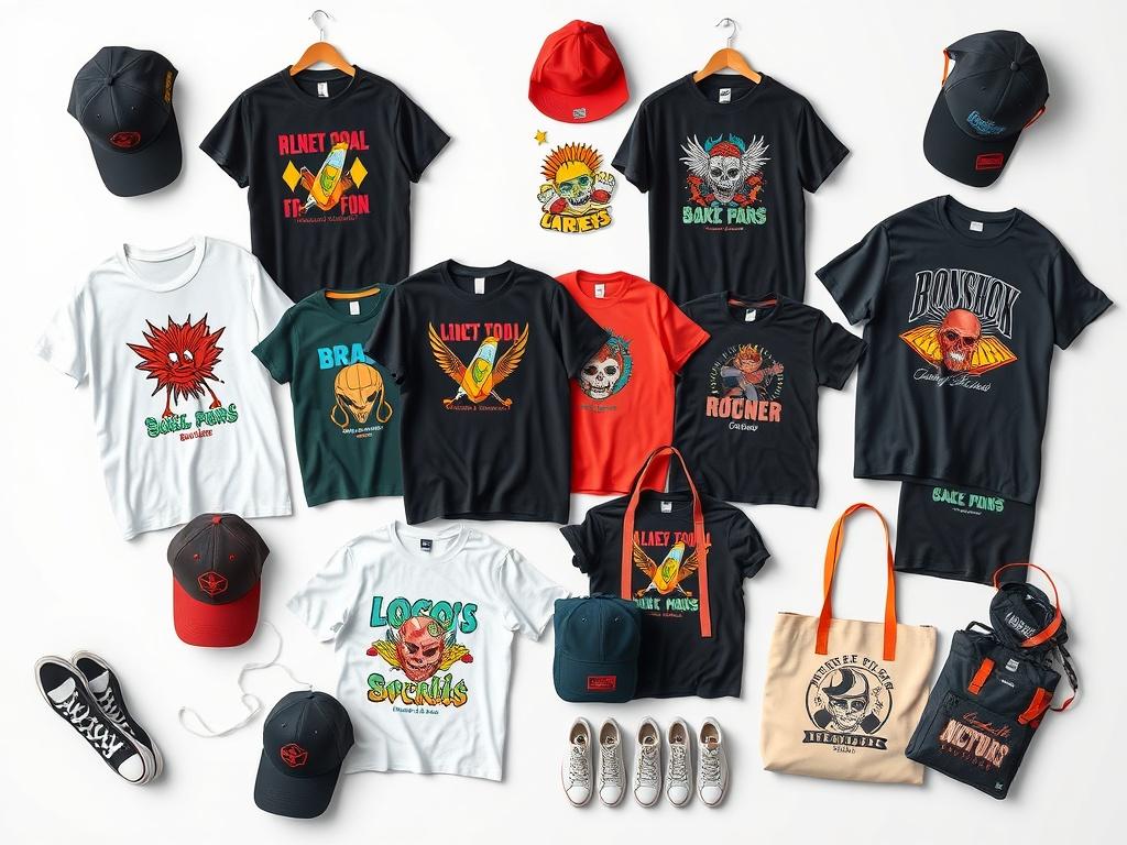 A collection of stylish merchandise including t shirts, hoodies, hats,