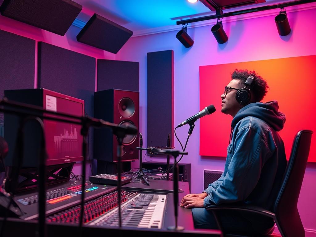A realistic studio environment showcasing a music producer working with