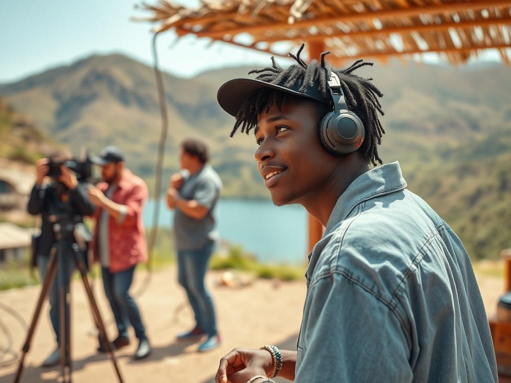 A high resolution image of an artist filming a music