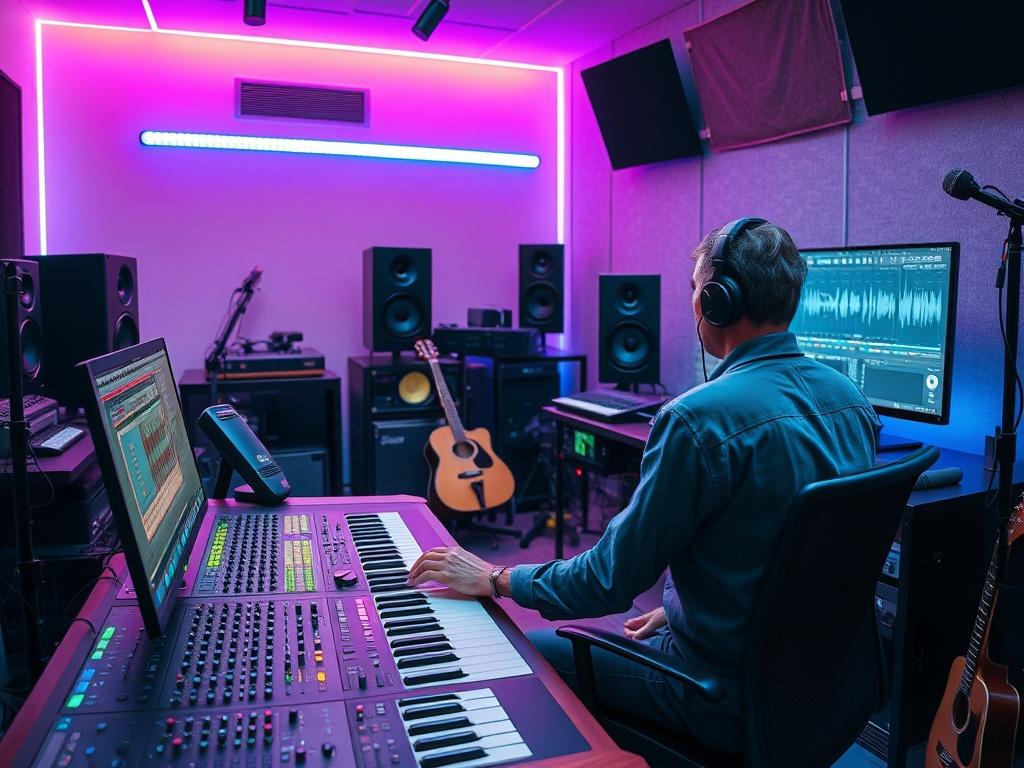 A high resolution image of a music producer working in