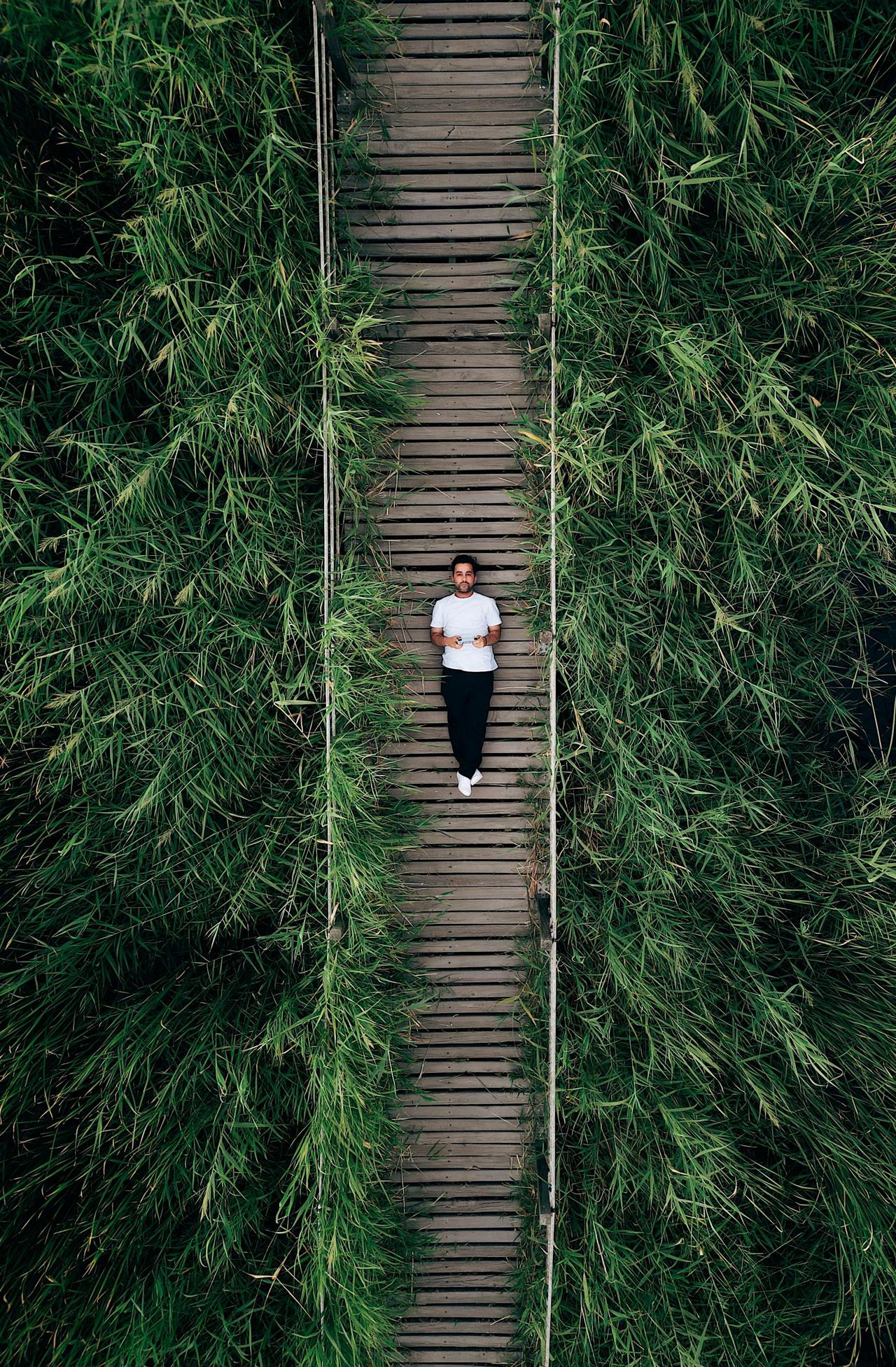 Aerial view of a man relaxing on a wooden footpath surrounded by lush greenery.
