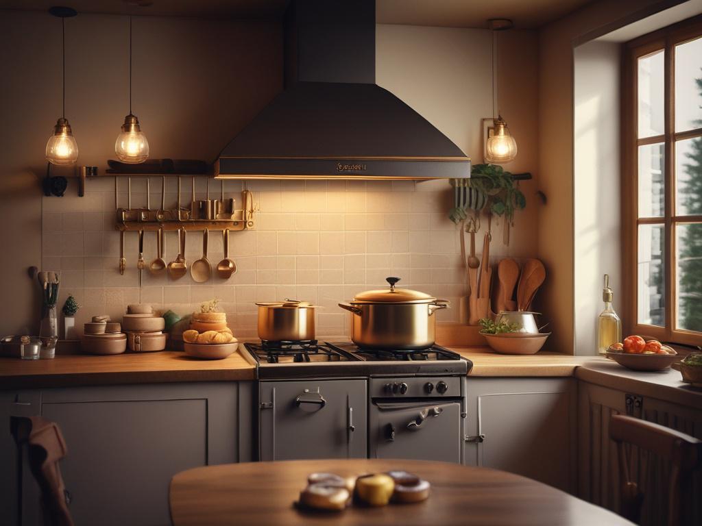 A cozy Swiss kitchen with fondue pot, soft golden lighting,
