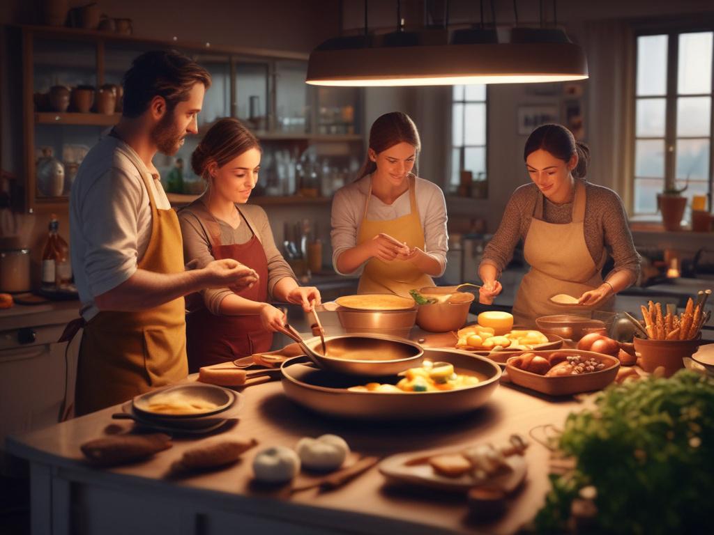 a Swiss cooking class scene with participants cooking fondue, warm