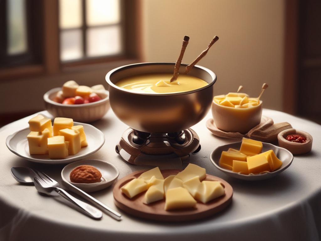 Create a realistic high-resolution image titled "Die Kunst des Fondue" that encapsulates the rich tradition and variety of Swiss fondue. The composition should be simple and clear, focusing solely on a beautifully presented pot of bubbling cheese fondue placed at the center of the image. 

The fondue pot should be traditional in design, perhaps with a rustic wooden serving board beneath it, and the pot filled with creamy, melted Swiss cheese, complete with a golden hue that reflects warmth. Surrounding the 