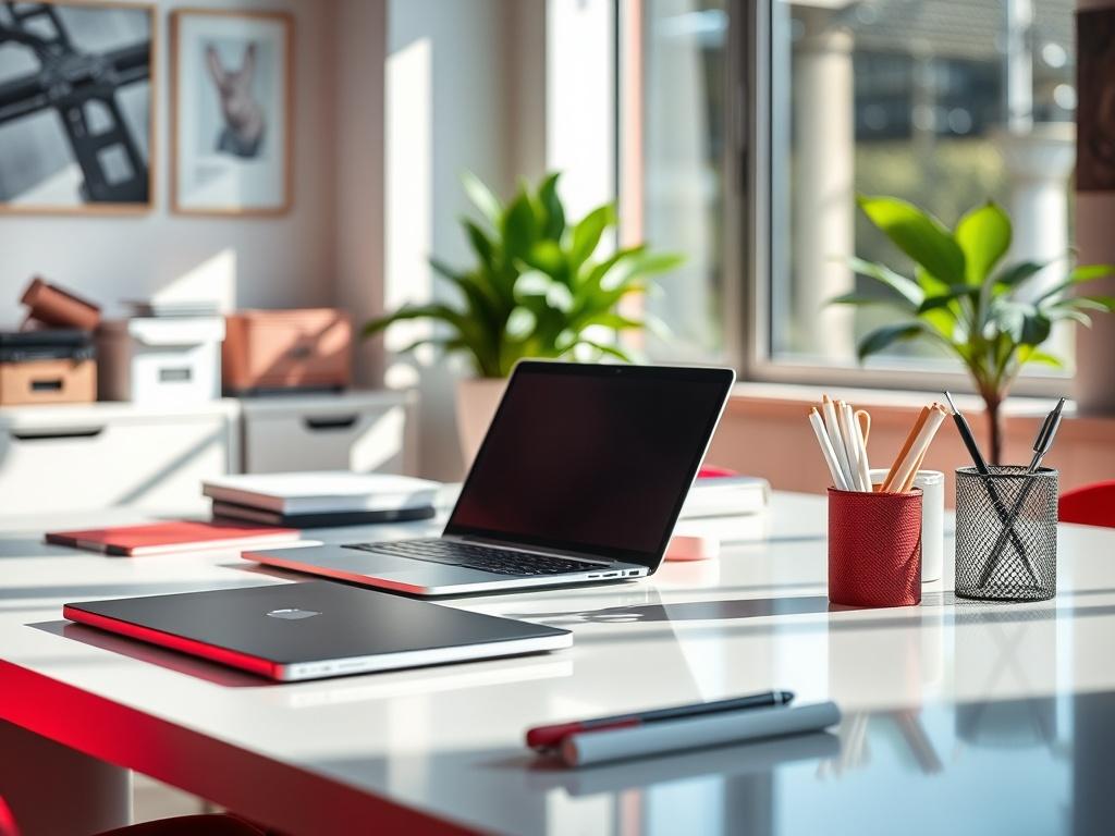 A hyper-realistic close-up shot of a sparkling clean office desk with a modern aesthetic. The desk is uncluttered, showcasing a shiny laptop and neatly arranged stationery. Natural light filters in through a nearby window, casting soft shadows. The primary color scheme incorporates shades of deep red and white, creating a fresh and inviting atmosphere.