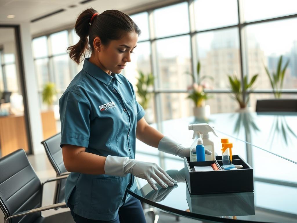 **AI Image Generation Prompt:**

Create a hyper-realistic, high-resolution photo that captures the essence of tailored cleaning solutions for businesses in Durham, NC. The composition should be simple and clear, focusing on a single subject: a professional cleaner in a modern office environment. The cleaner, wearing a branded uniform with the Moores Cleaning Tri-Area logo, should be actively engaged in a detailed cleaning task, such as polishing a glass conference table or organizing office supplies on a de