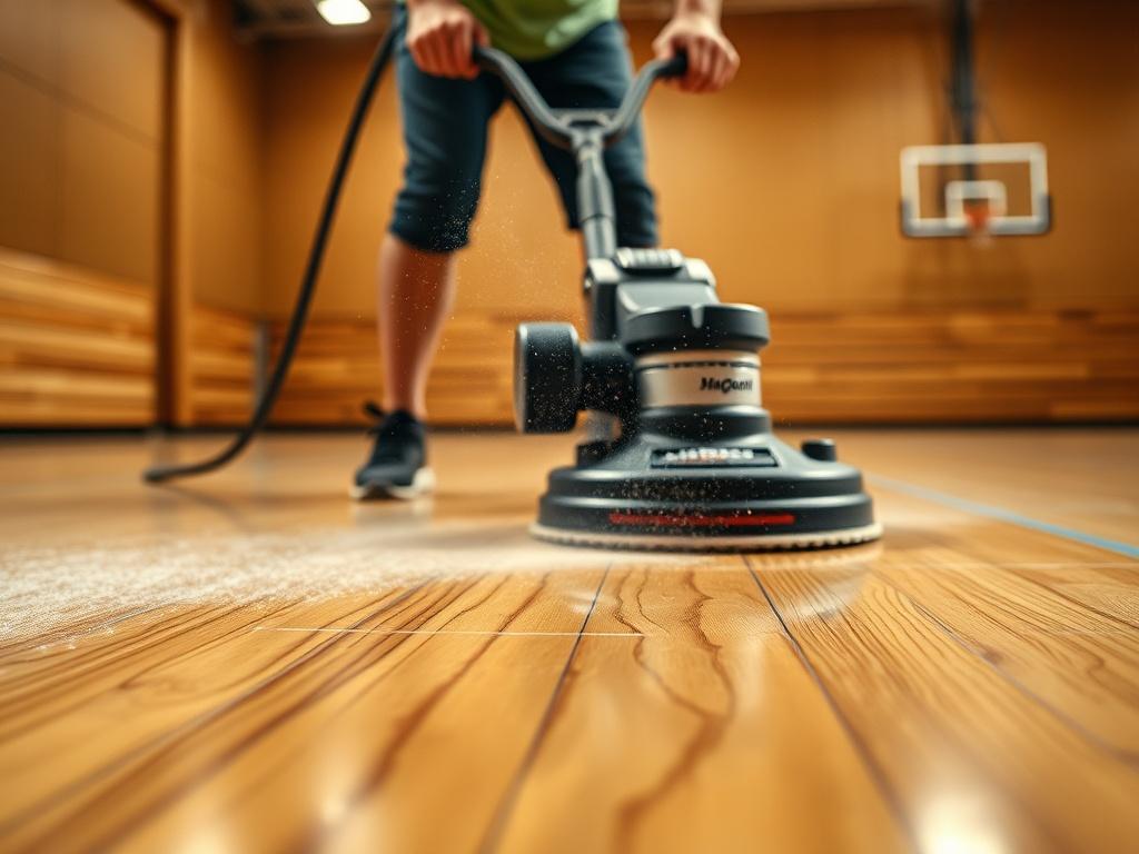 Create a highly detailed, realistic high-resolution photo of a wood gym floor being sanded. The composition should be simple and clear, focusing exclusively on the sanding process as the main subject. Capture a close-up shot of a person using a floor sander, emphasizing the smooth, shiny wood surface and the fine dust particles in the air, reflecting the work being done. The background should be soft and blurred, featuring the edges of the gymnasium walls and faint outlines of basketball hoops or gym equipm