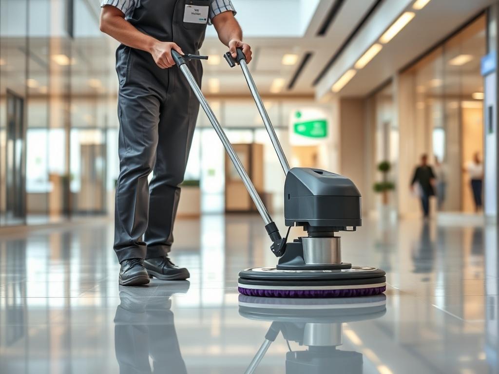 Create a realistic high-resolution photo featuring a professional janitor diligently polishing a floor. The janitor should be the sole subject, dressed in a crisp uniform with a name tag, holding a floor polishing machine. The background should showcase a clean and well-lit interior space of a commercial building, such as an office lobby or retail environment, emphasizing the shiny, gleaming floor that highlights the results of effective polishing. 

Ensure the composition is simple and clear, with the focu