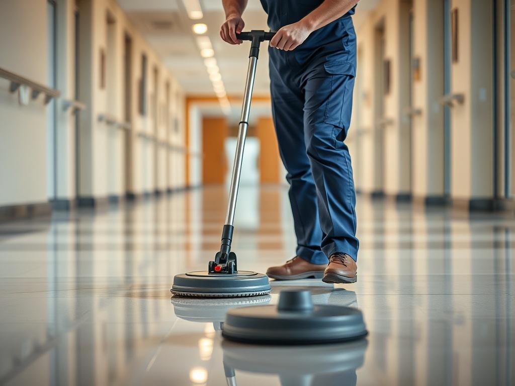 Create a realistic high-resolution photo that focuses on the subject of professional commercial floor care. The composition should be simple and clear, featuring a close-up shot of a janitorial worker in uniform, actively cleaning a polished floor with a high-quality floor scrubber. The worker should be depicted in a dynamic pose, illustrating the action of routine maintenance. 

Ensure the background is softly blurred to emphasize the subject and highlight the gleaming, well-maintained flooring, which shou