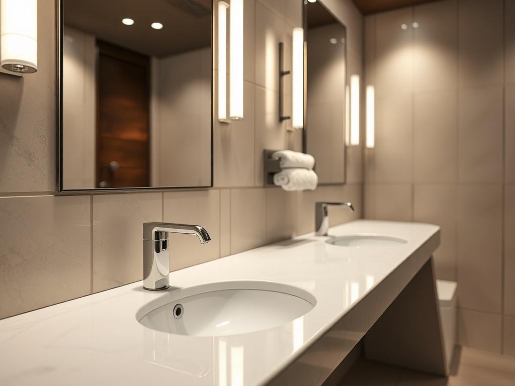 A clean and modern corporate restroom, featuring gleaming sinks, neatly arranged towels, and spotless mirrors. The composition focuses on one elegant sink with a luxurious soap dispenser, set against a backdrop of well-maintained tiles and soft, ambient lighting that highlights the cleanliness and professionalism of the space.